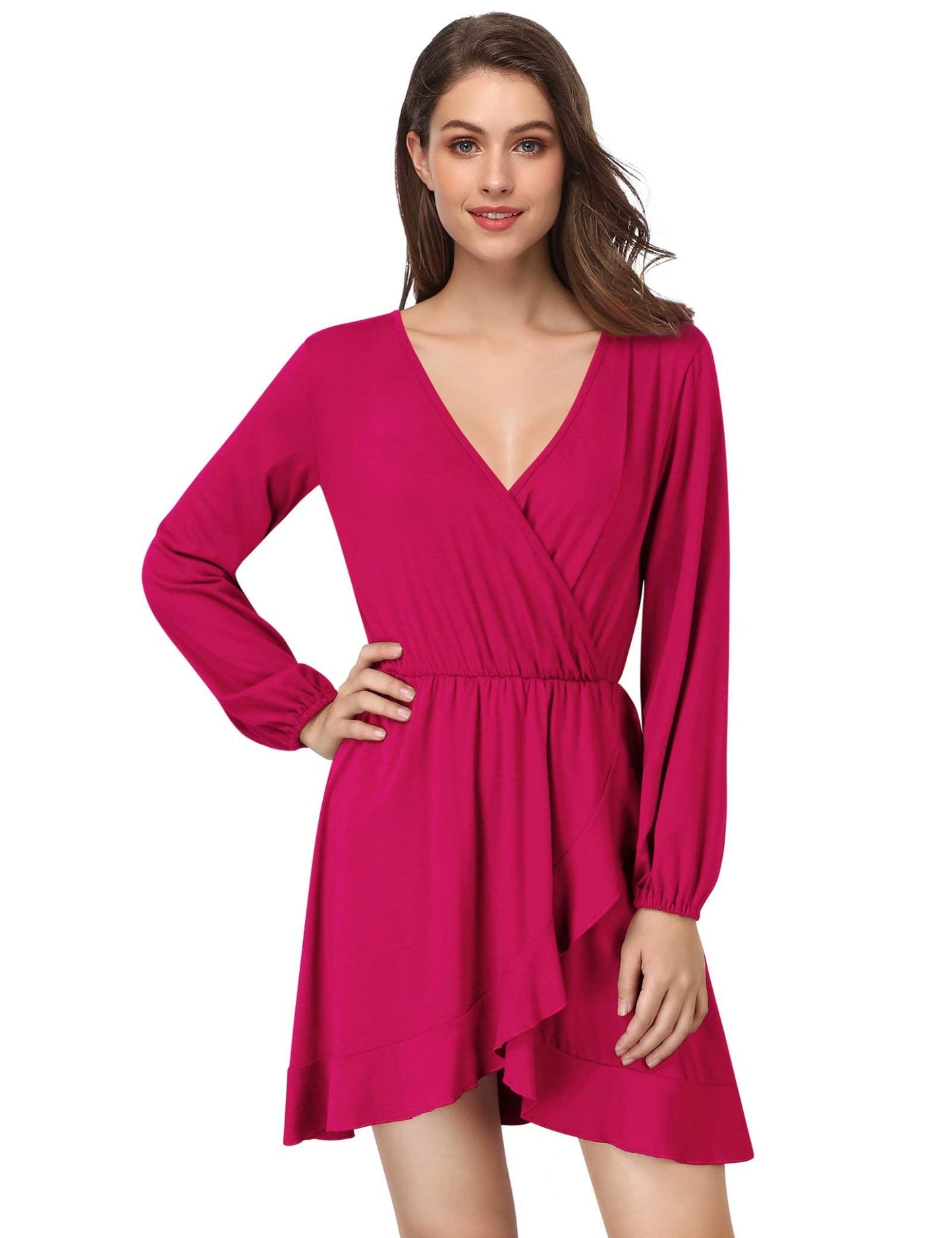 YESFASHION Women's Vneck A-Line Ruffles Cocktail Party Dress Wine Red