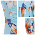 YESFASHION Women Ruched Strapless Maxi Vintage Floral Print Long Dress Blue