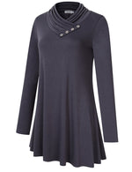 Women Tops Long Sleeve Tops Cowl Neck Pleated Casual Flare Tunic Top Blouse