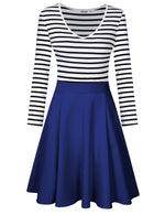 Women Long Sleeve V Neck Striped Swing Mini Cocktail Dress for Girls