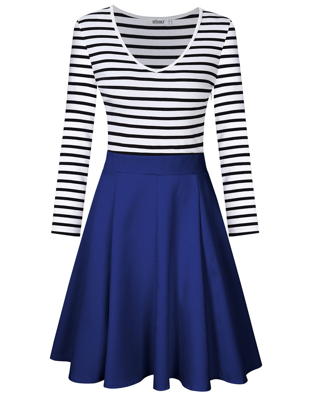 Women Long Sleeve V Neck Striped Swing Mini Cocktail Dress for Girls