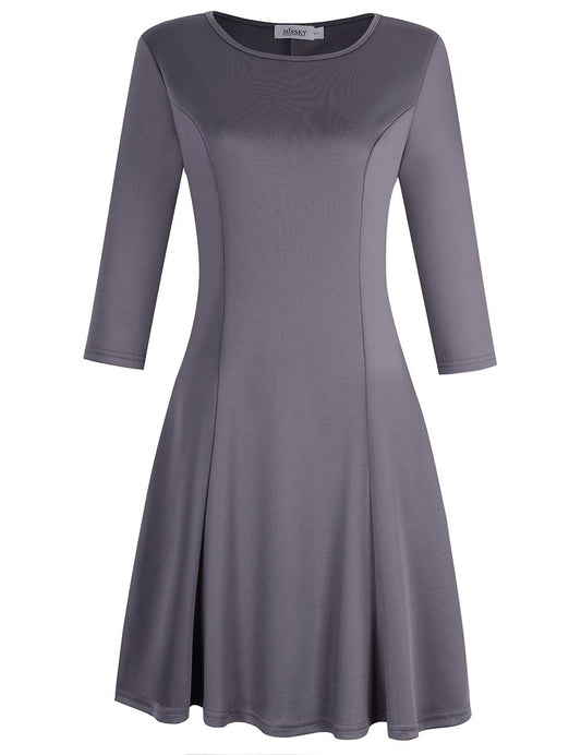 Women Scoop Neck 3 4 Long Sleeve Dress Casual Fit and Flare Dress Swing Church Dress