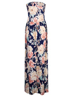 Women's Summer Boho Strapless Midi Dresses High Waist Vintage Floral Print Maxi Long Dress with Pockets