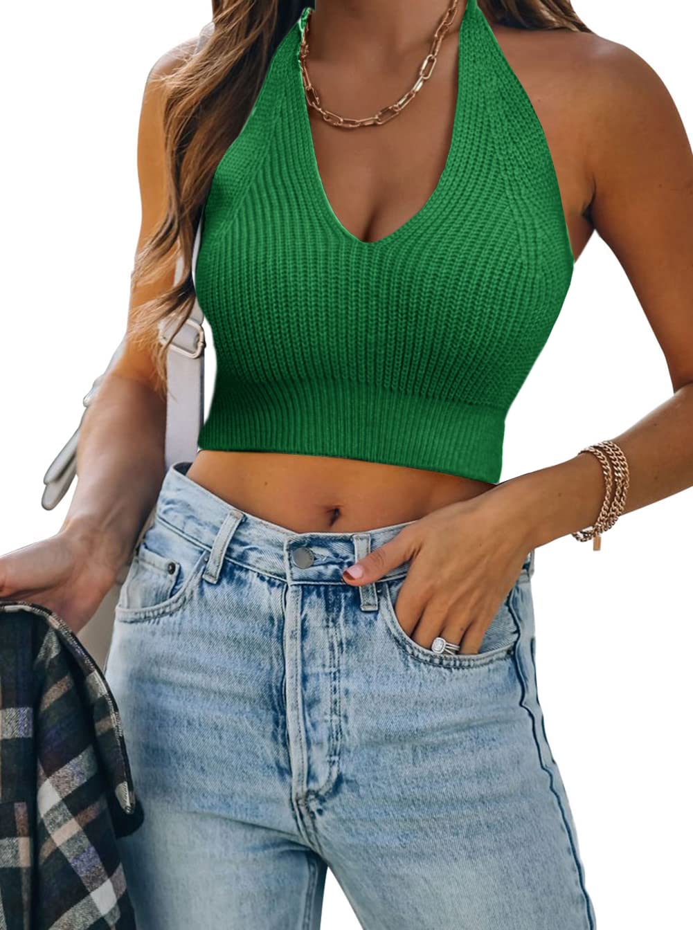 Womens Sexy Halter Crop Tops Sleeveless Y2K Backless Knitted Tube Top V Neck Solid Summer