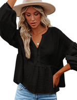 Womens Peplum Tops V-Neck Babydoll Shirt Puff Long Sleeve Ruffle Hem Oversized Button Up Casual Swing Cotton White Blouse