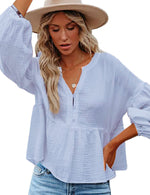 Womens Peplum Tops V-Neck Babydoll Shirt Puff Long Sleeve Ruffle Hem Oversized Button Up Casual Swing Cotton White Blouse