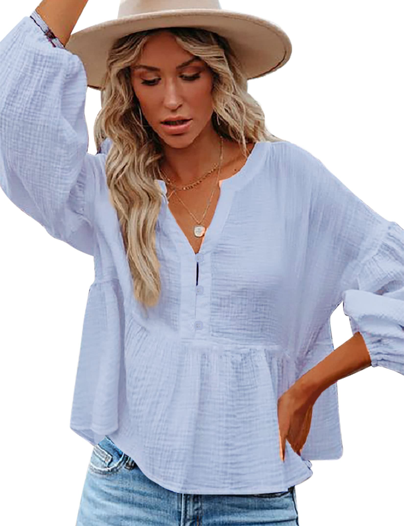 Womens Peplum Tops V-Neck Babydoll Shirt Puff Long Sleeve Ruffle Hem Oversized Button Up Casual Swing Cotton White Blouse