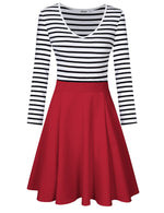 Women Long Sleeve V Neck Striped Swing Mini Cocktail Dress for Girls