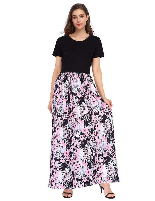Women Short Sleeve Round Neck Pocket Ruched Floral Swing Maxi Dress