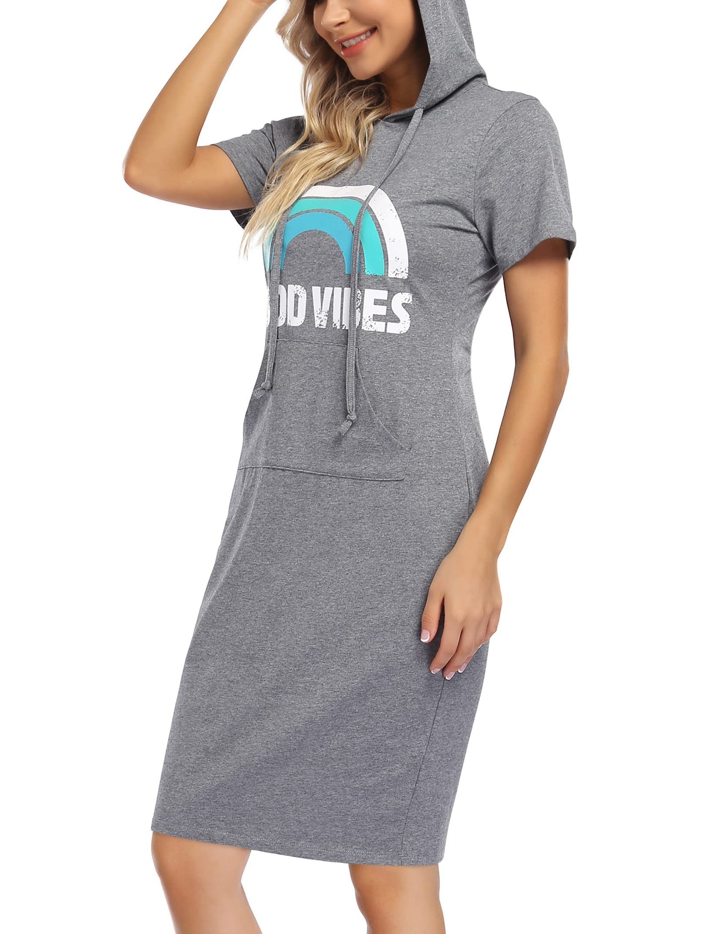 Women's Casual Short Sleeve Sweatshirt Print Pocket Pullover Hoodie Dress