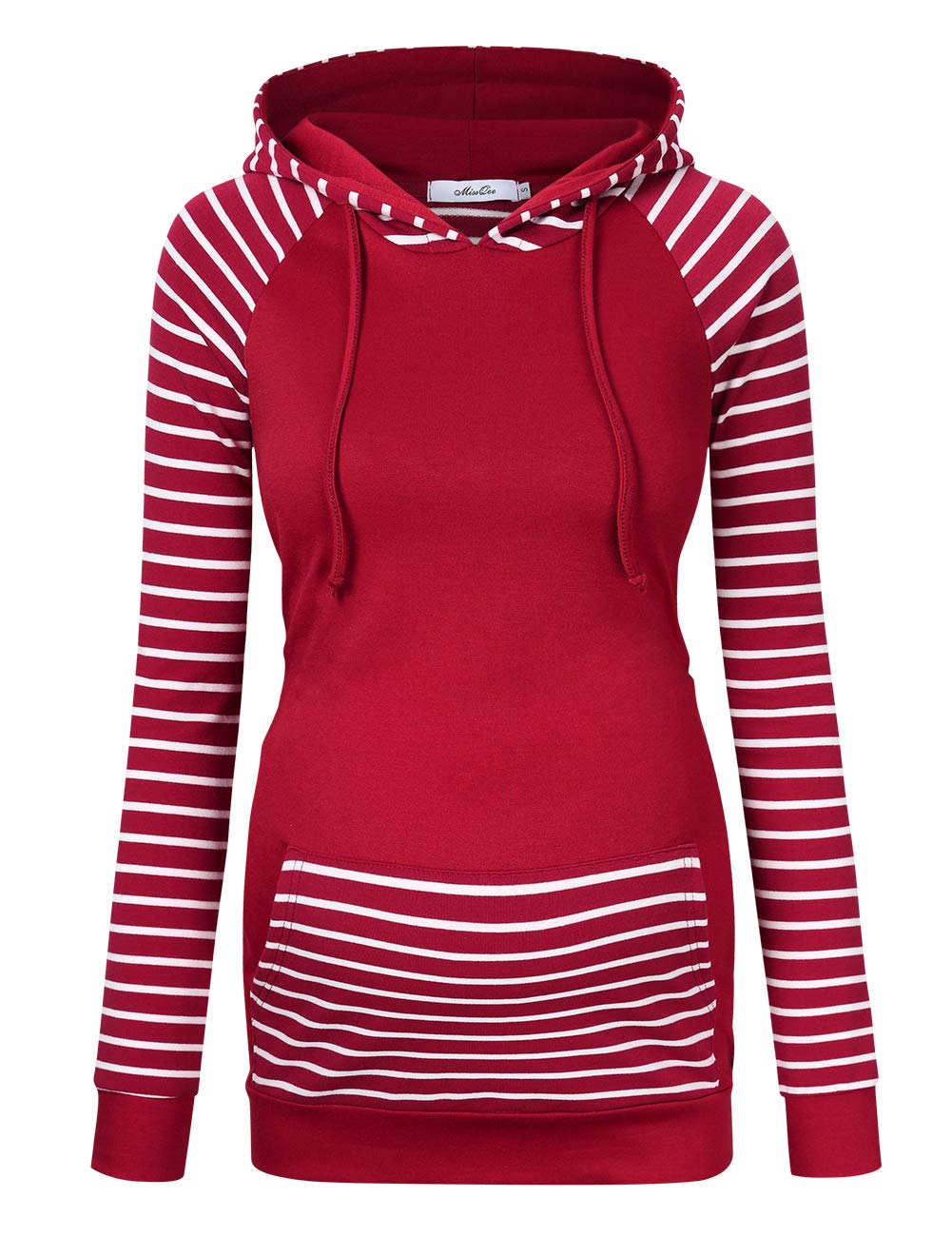 Women's Cowl Neck Pullover Hoodies Long Sleeve Kangaroo Pocket Spliced Striped Hooded Sweatshirts