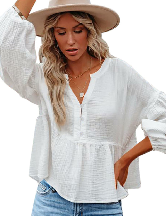 Womens Peplum Tops V-Neck Babydoll Shirt Puff Long Sleeve Ruffle Hem Oversized Button Up Casual Swing Cotton White Blouse