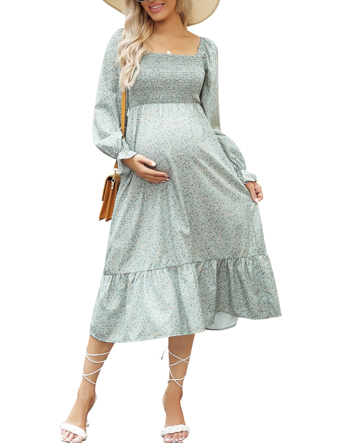 Women's Maternity Long Sleeve Square Neck Fall Ruffle Dress Smocked Casual Flowy Maxi Dress