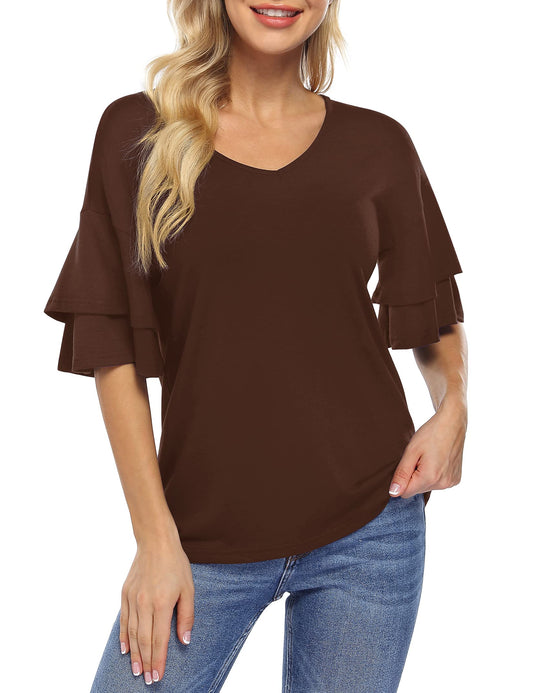 Women's Ruffle Tunic Top Casual V Neck Shirt Bell Half Sleeve Pullover Blouse Top