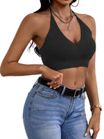 Womens Sexy Halter Crop Tops Sleeveless Y2K Backless Knitted Tube Top V Neck Solid Summer