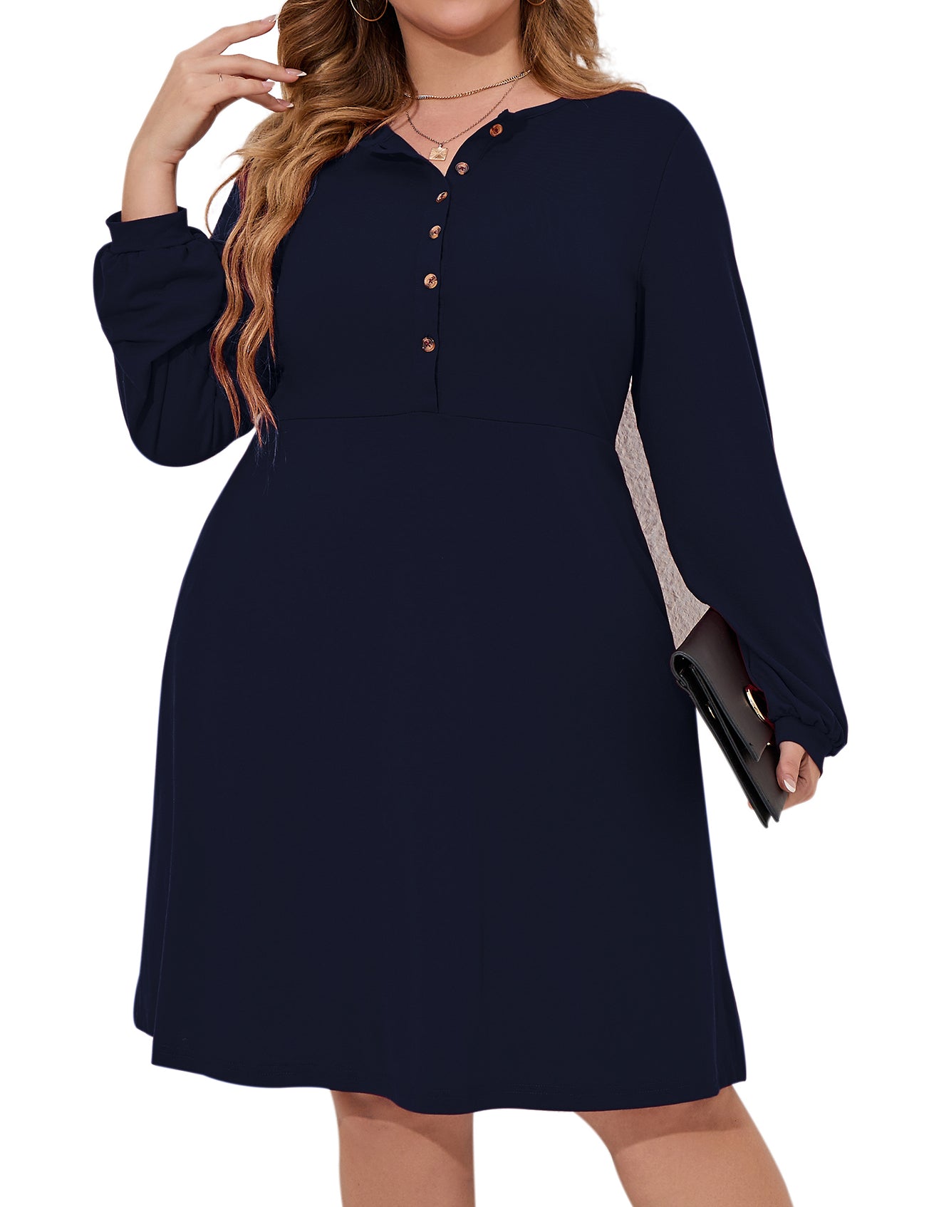Women's Plus Size Button Up Long Balloon Sleeve Fall Dress