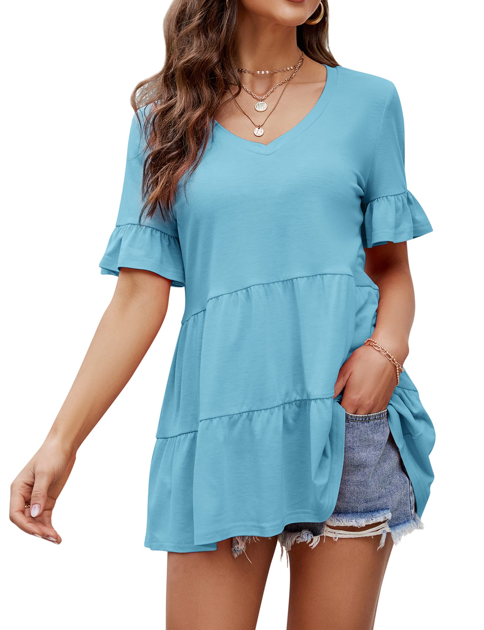 YESFASHION Peplum Tops for Women Summer Casual V Neck T Shirts Green