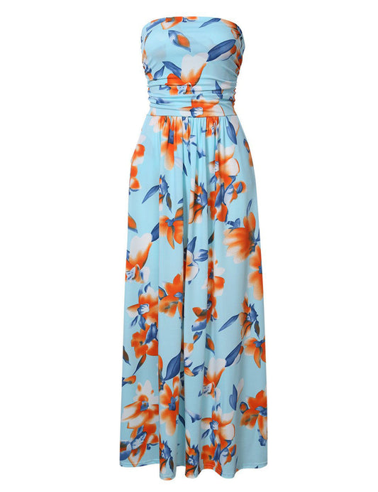 YESFASHION Women Ruched Strapless Maxi Vintage Floral Print Long Dress Blue