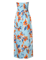 YESFASHION Women Ruched Strapless Maxi Vintage Floral Print Long Dress Blue