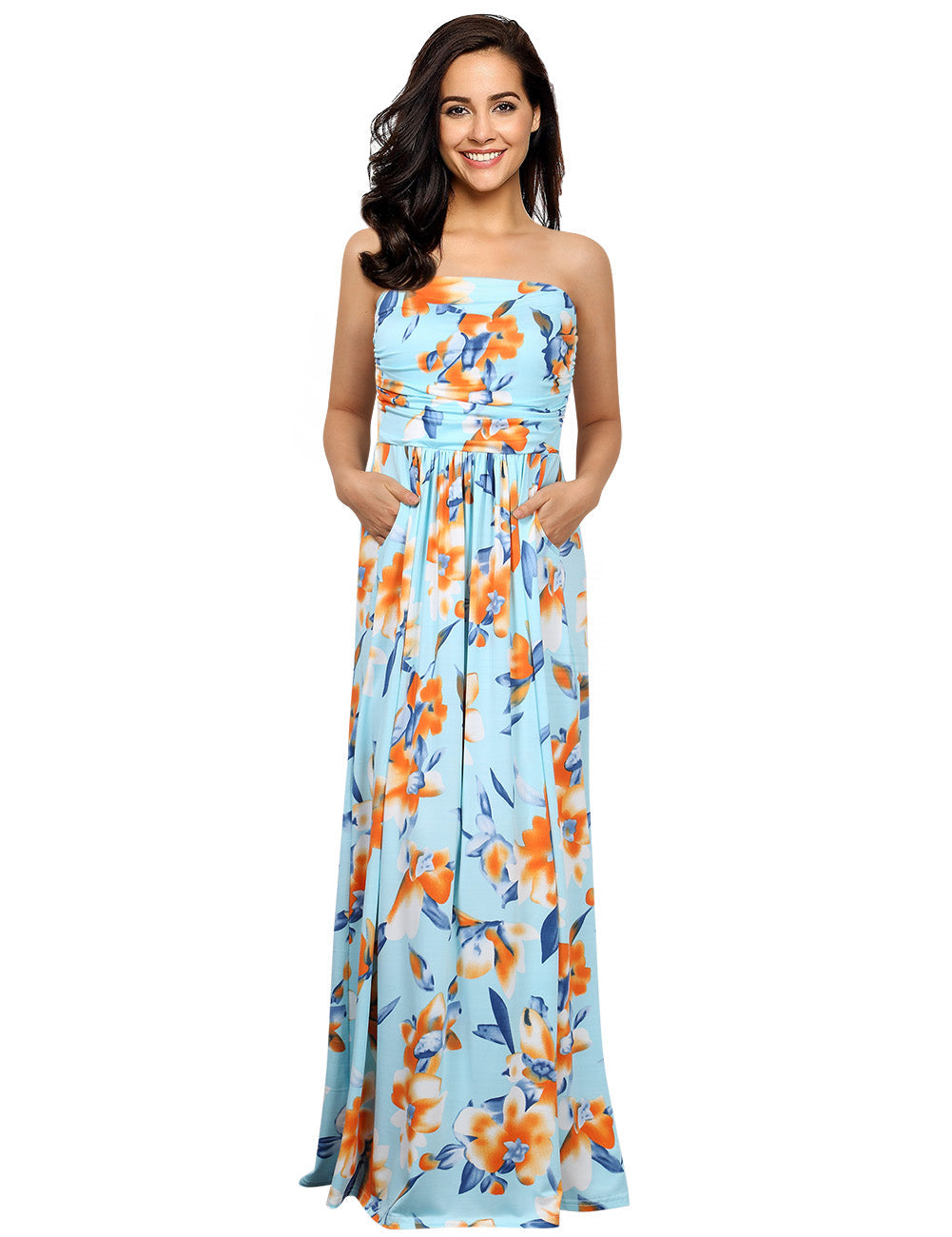 YESFASHION Women Ruched Strapless Maxi Vintage Floral Print Long Dress Blue