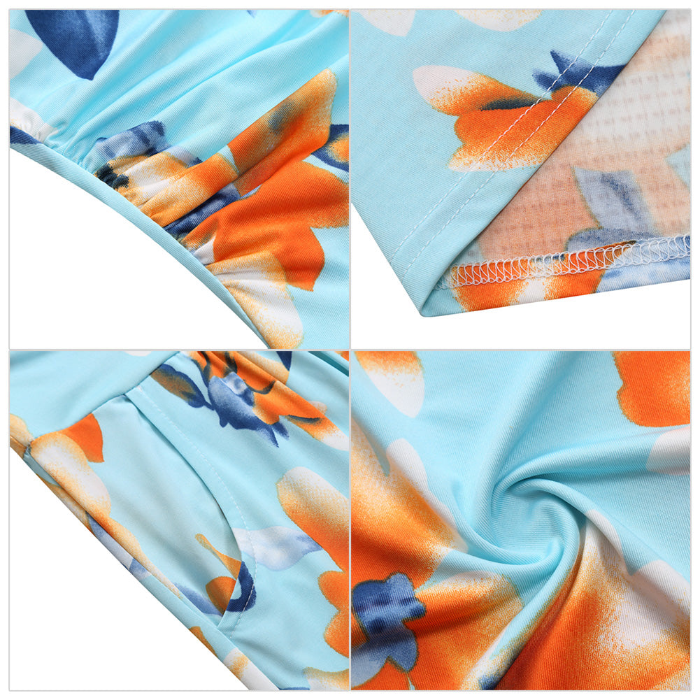 YESFASHION Women Ruched Strapless Maxi Vintage Floral Print Long Dress Blue