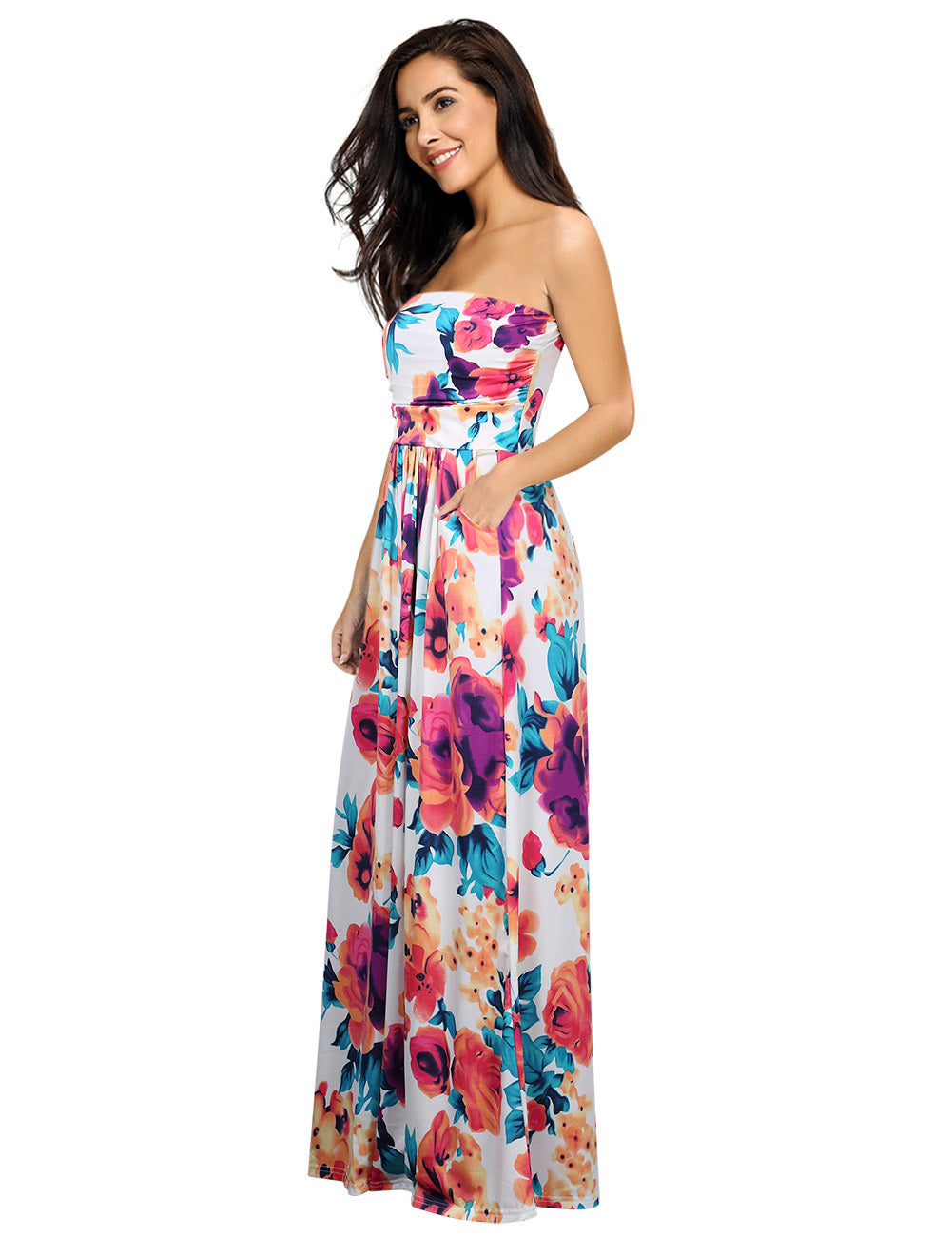 YESFASHION Women Ruched Strapless Maxi Vintage Floral Print Long Dress