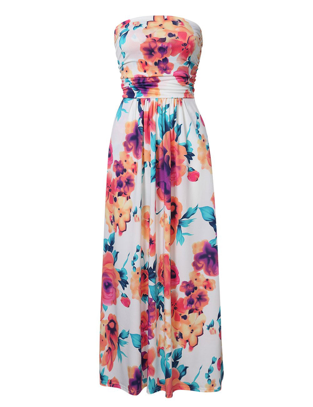 YESFASHION Women Ruched Strapless Maxi Vintage Floral Print Long Dress