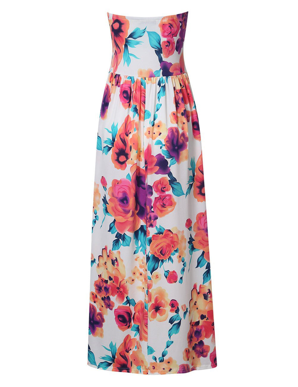 YESFASHION Women Ruched Strapless Maxi Vintage Floral Print Long Dress