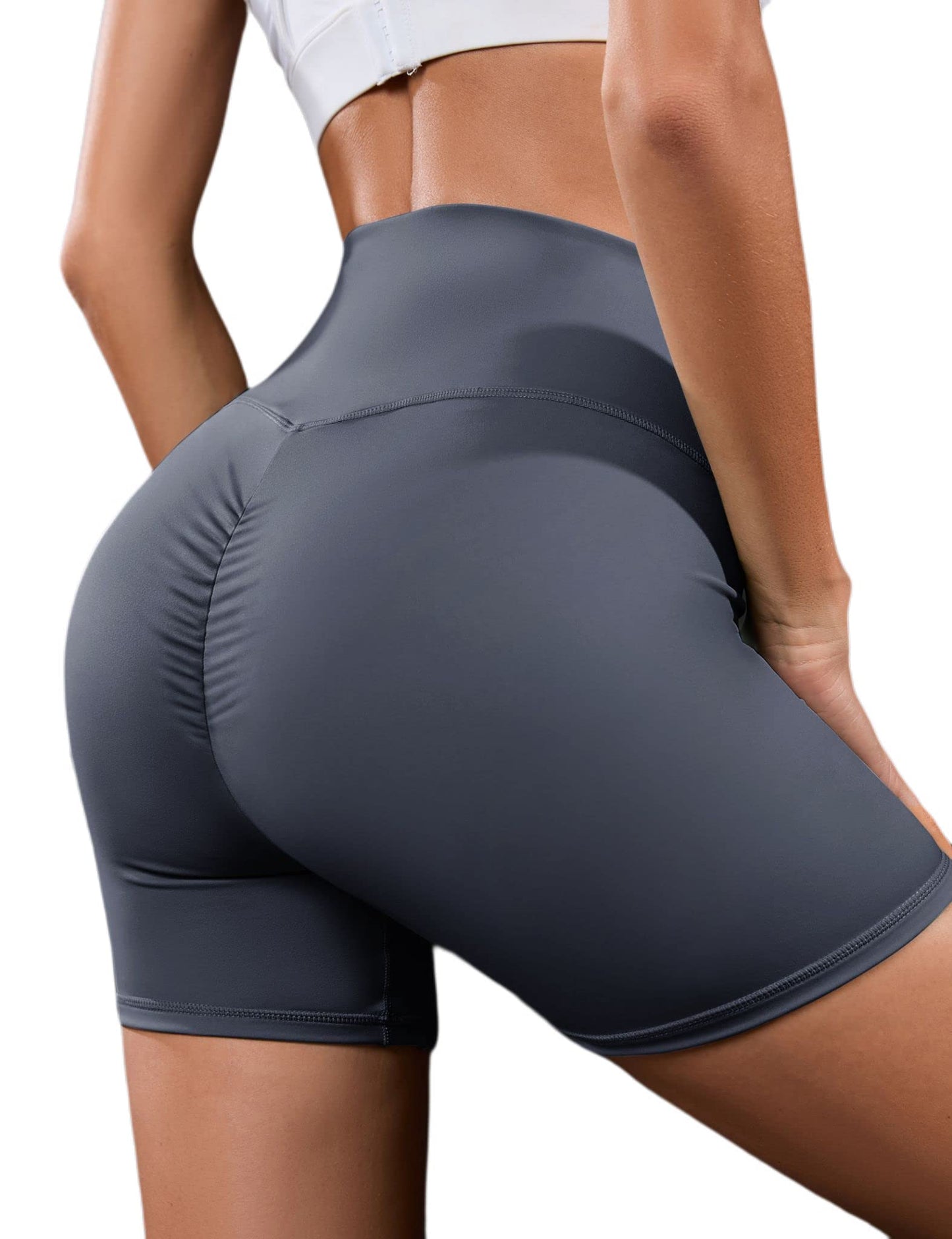 YESFASHION Women's Ruched Hip Lifting Tummy Yoga Shorts Blue Grey