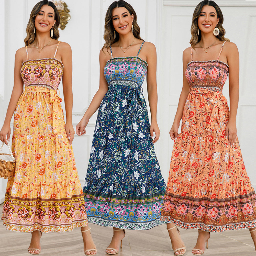 YESFASHION Women Summer Belted Floral Dress