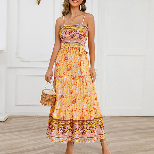 YESFASHION Women Summer Belted Floral Dress