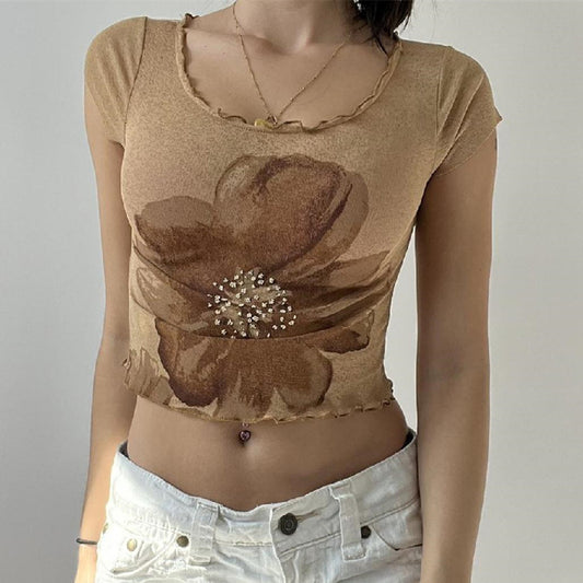 YESFASHION Women T-shirt U Neck Short Sleeve Flower Crop Tops