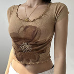 YESFASHION Women T-shirt U Neck Short Sleeve Flower Crop Tops