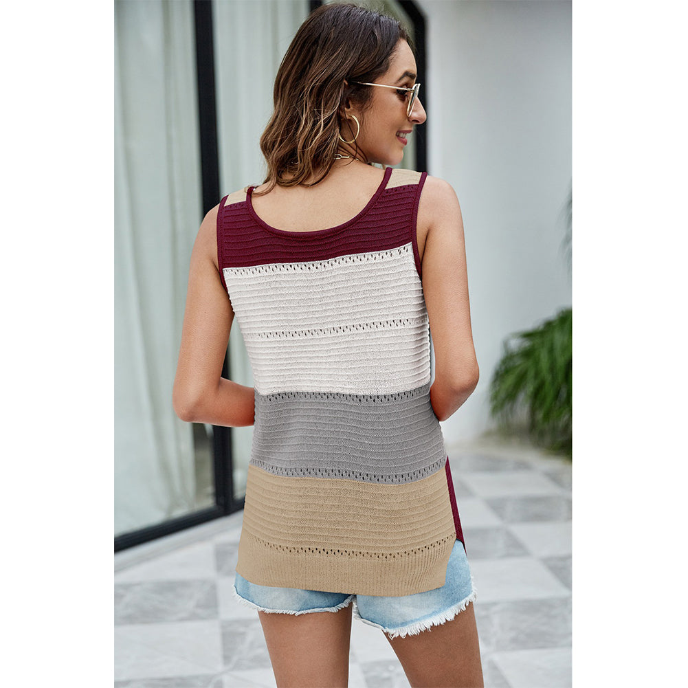 YESFASHION Women Round Neck Contrast Color Knitted Sweater Shirt Tops