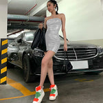 YESFASHION Women Strapless Dress Sexy Pu Leather Tube Top Mini Dress