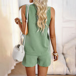 YESFASHION Women Shirts Shorts Set V-neck Sleeveless Suit