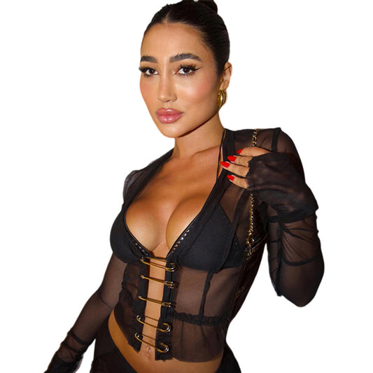 YESFASHION Women Sheer Mesh Crop Sexy Slim Fit Tops