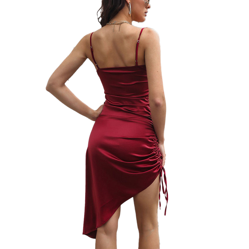 YESFASHION Women Satin Paghetti Straps Ruched Drawstring Dress