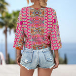 YESFASHION Women Blouse V Neck Half Sleeves Tie Front Tops