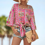 YESFASHION Women Blouse V Neck Half Sleeves Tie Front Tops