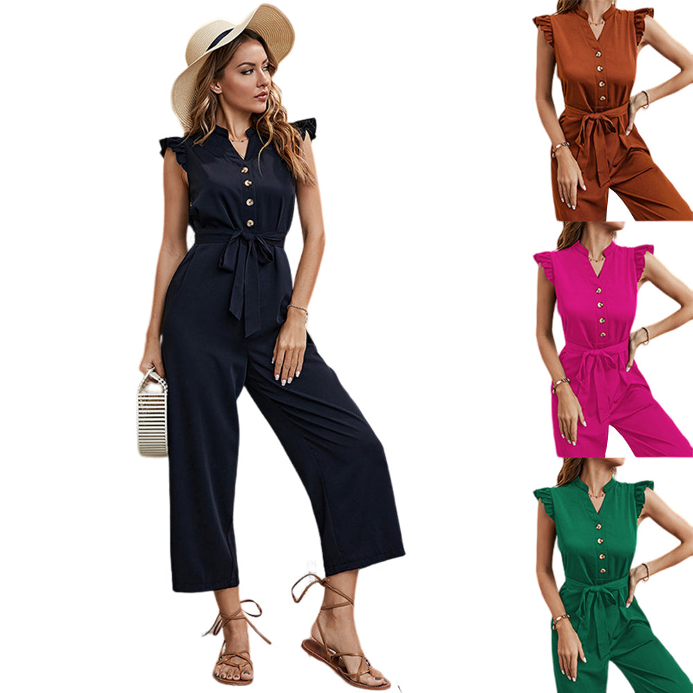 YESFASHION Women V-neck Cropped Jumpsuit Button Pants