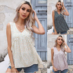 YESFASHION Women V Neck Elegant Floral Printing Ruffled Vest Tops