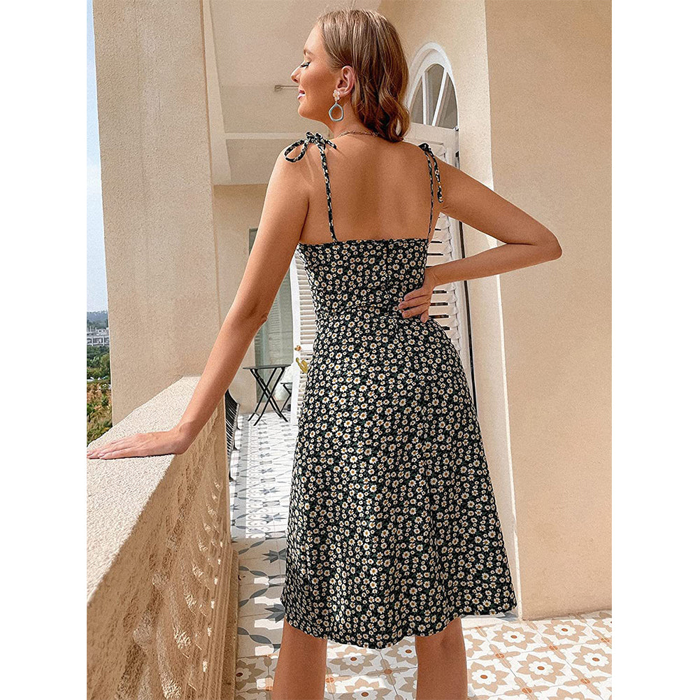 YESFASHION Women Mid Skirt Boho Floral Printing Spaghetti Strap Dress