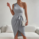 YESFASHION Women One Shoulder Elegant Slimming Lace up Dress