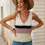 YESFASHION Women V-neck Sleeveless Shirts Contrast Knitted Tops