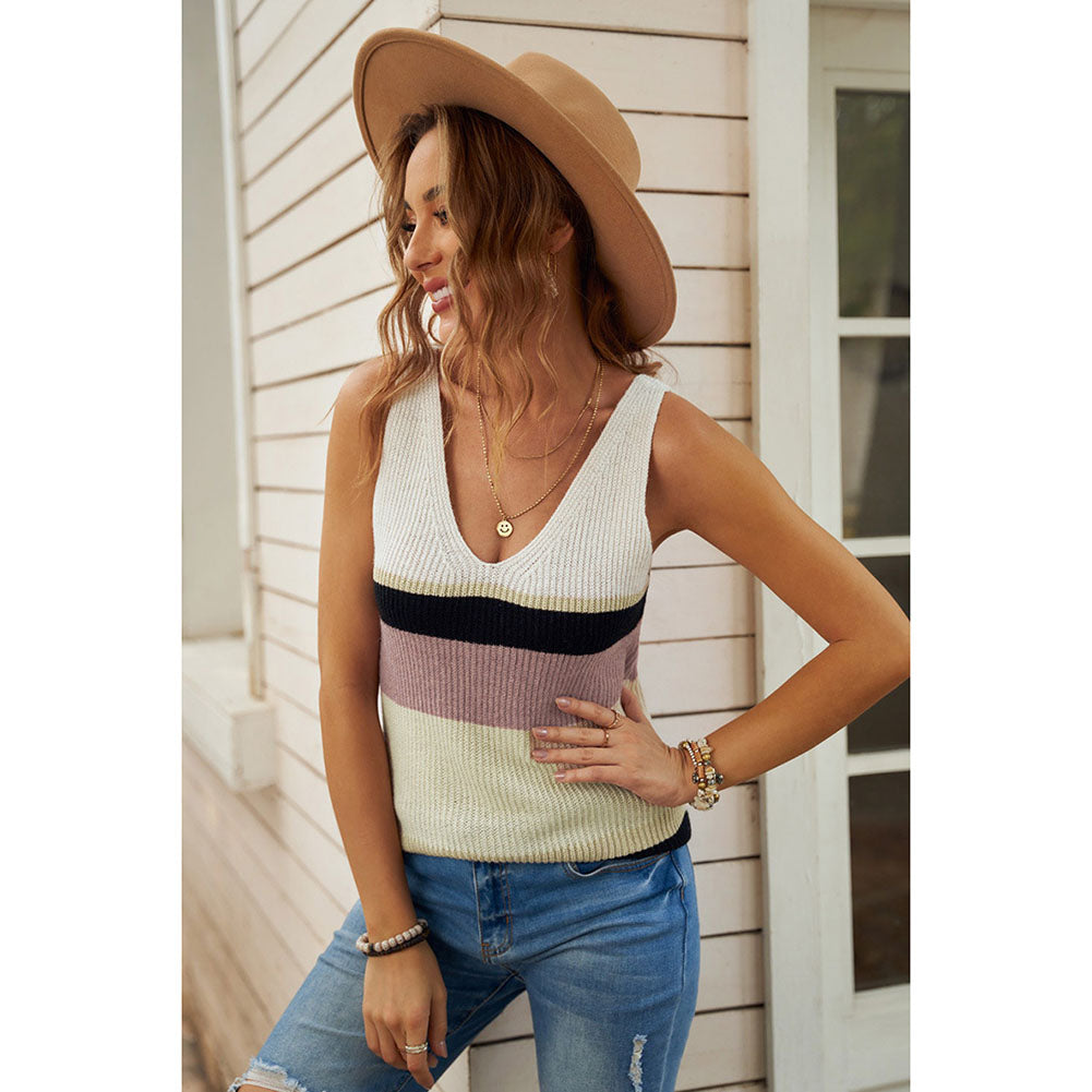 YESFASHION Women V-neck Sleeveless Shirts Contrast Knitted Tops