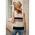 YESFASHION Women V-neck Sleeveless Shirts Contrast Knitted Tops
