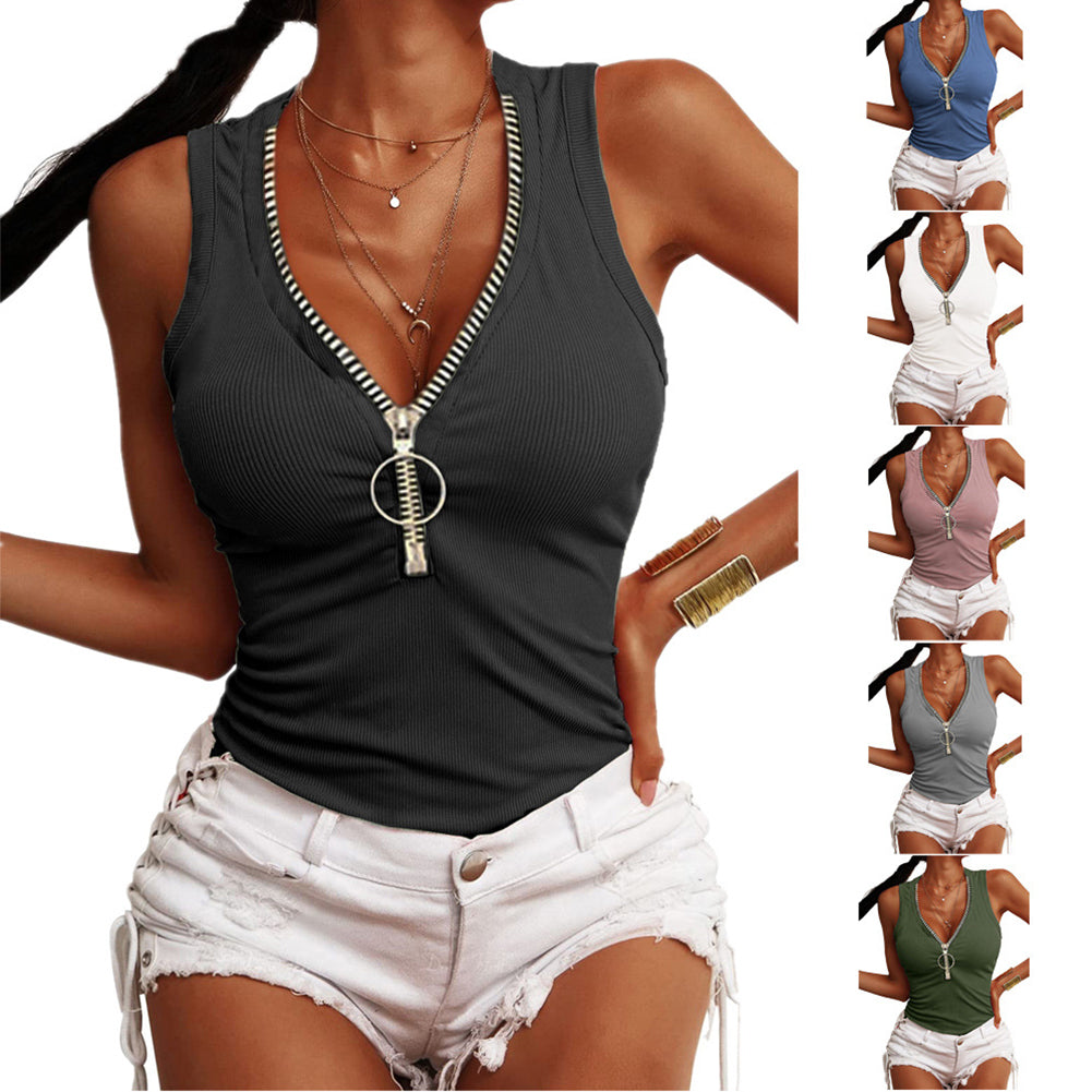 YESFASHION Women Sleeveless Front Zipper Ribbed V Neck T Shirt Tops