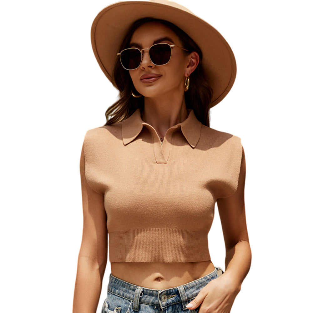 YESFASHION Women Knitted Vest Shirt Summer Lapel Tank Tops