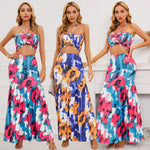 YESFASHION 2pcs Boho Halter Neck Crop Top Skirt Set Suit